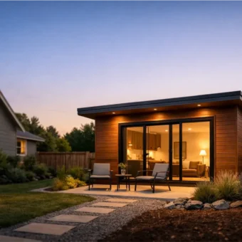 A modern backyard ADU behind a main house