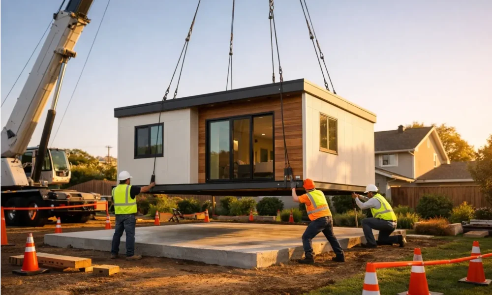 Crane setting a modular ADU onto a foundation in a backyard