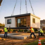 Crane setting a modular ADU onto a foundation in a backyard