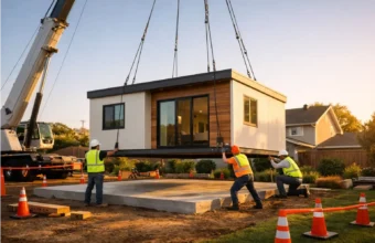 Crane setting a modular ADU onto a foundation in a backyard