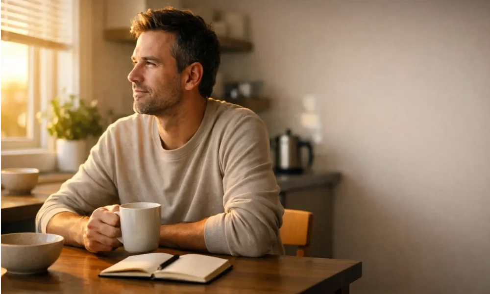 Person sitting in bright morning sunlight at home