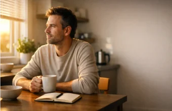 Person sitting in bright morning sunlight at home