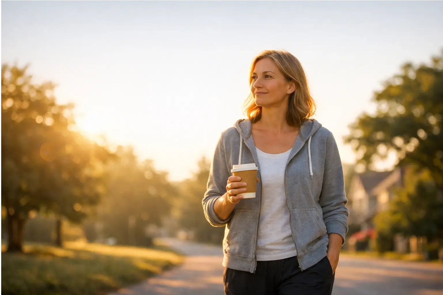 Person walking outside in the early morning sunlight