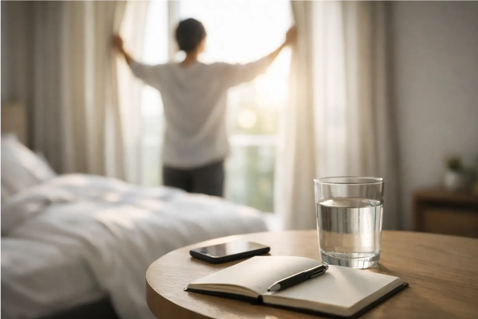 Person opening curtains in the morning with phone set aside