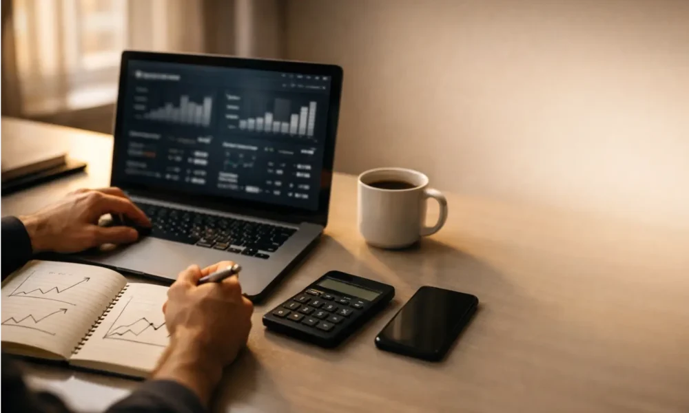 Person tracking side hustle profit on a laptop at home