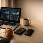 Person tracking side hustle profit on a laptop at home