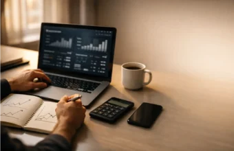 Person tracking side hustle profit on a laptop at home