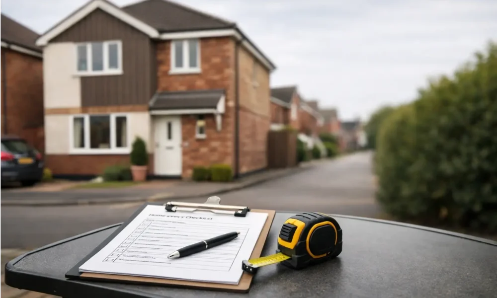 A UK house with a home survey checklist on a table