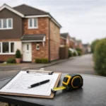 A UK house with a home survey checklist on a table