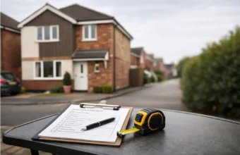 A UK house with a home survey checklist on a table