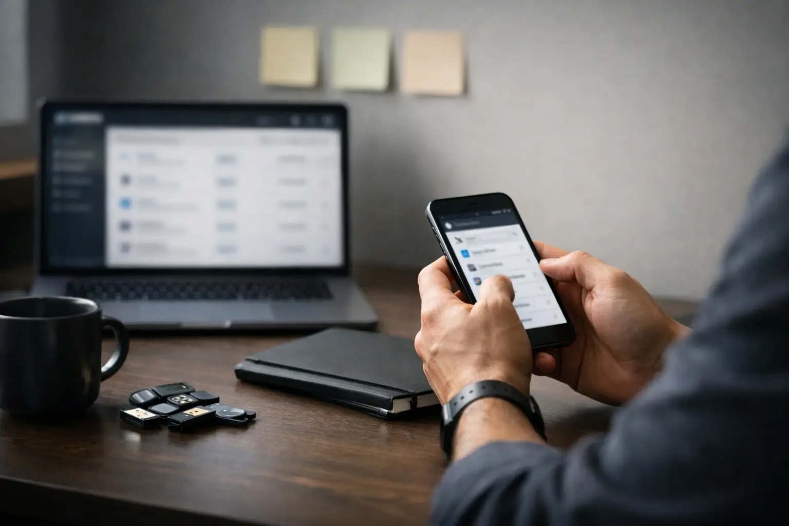 Person checking app permissions on a phone next to a laptop