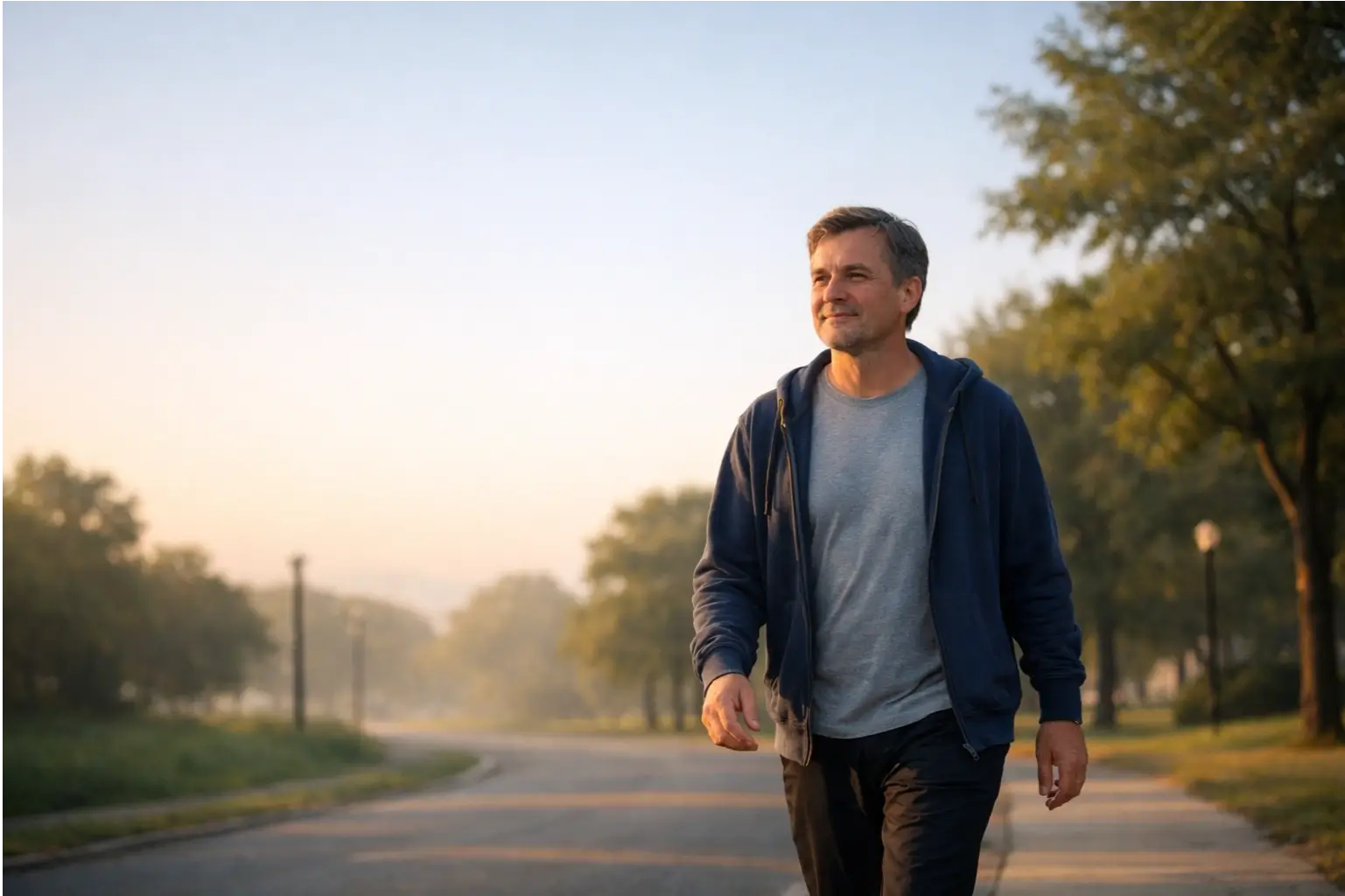 Person taking a short walk in the morning sunlight