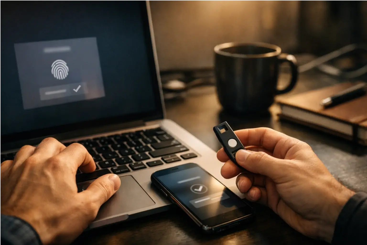 A person using a security key to log in safely on a laptop