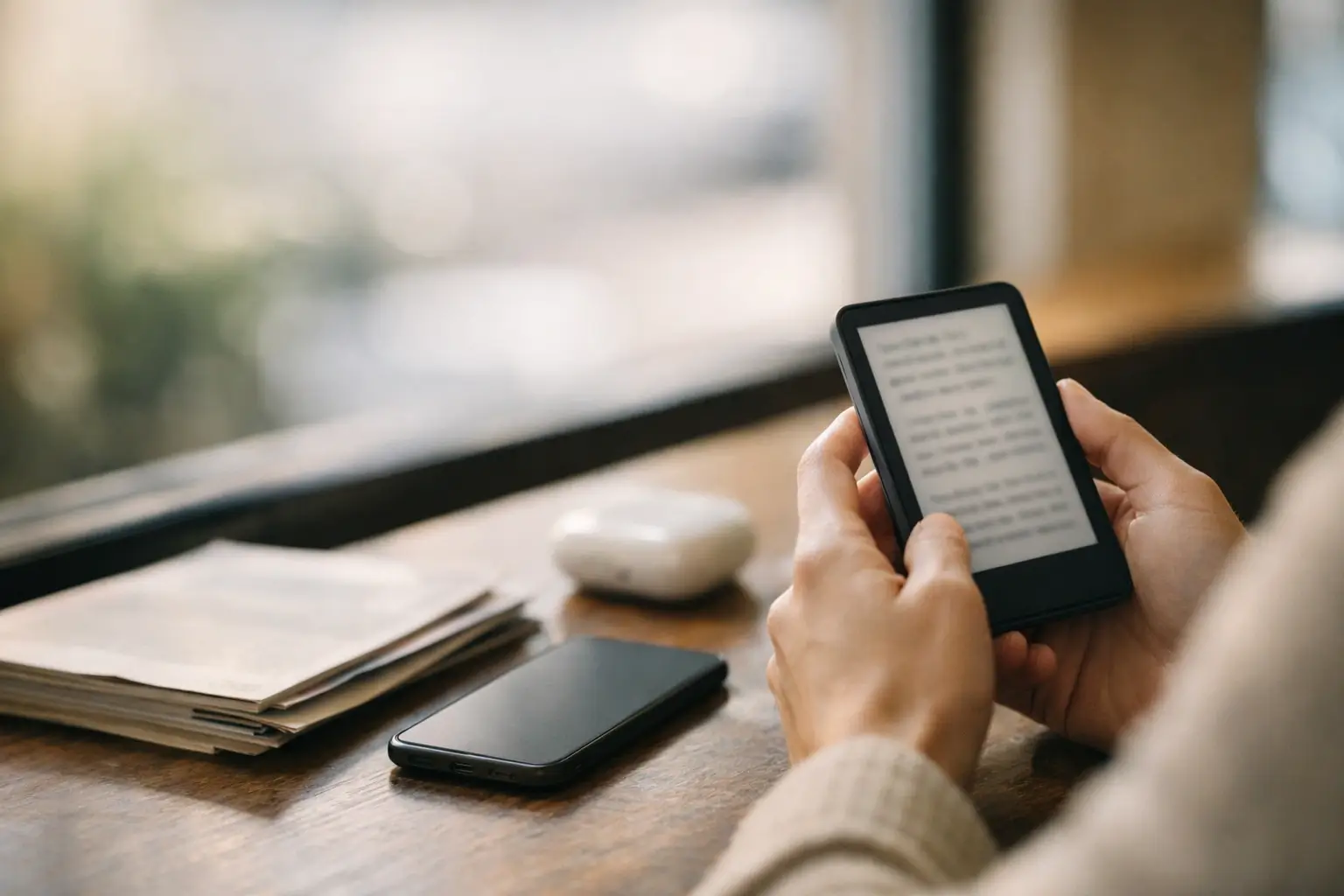 Person reading on a pocket e-reader in a bright cafe