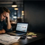 A startup founder working late with spreadsheets and pitch papers.