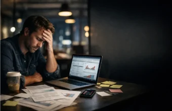 A startup founder working late with spreadsheets and pitch papers.