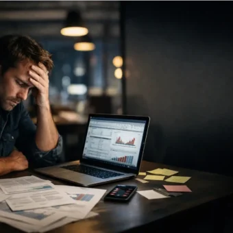 A startup founder working late with spreadsheets and pitch papers.