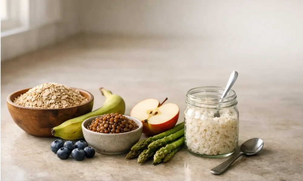 Prebiotic foods like oats, bananas, lentils, and fruit on a kitchen counter