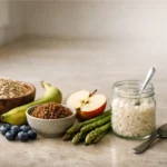 Prebiotic foods like oats, bananas, lentils, and fruit on a kitchen counter
