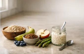 Prebiotic foods like oats, bananas, lentils, and fruit on a kitchen counter