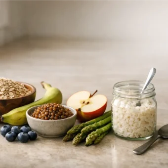 Prebiotic foods like oats, bananas, lentils, and fruit on a kitchen counter