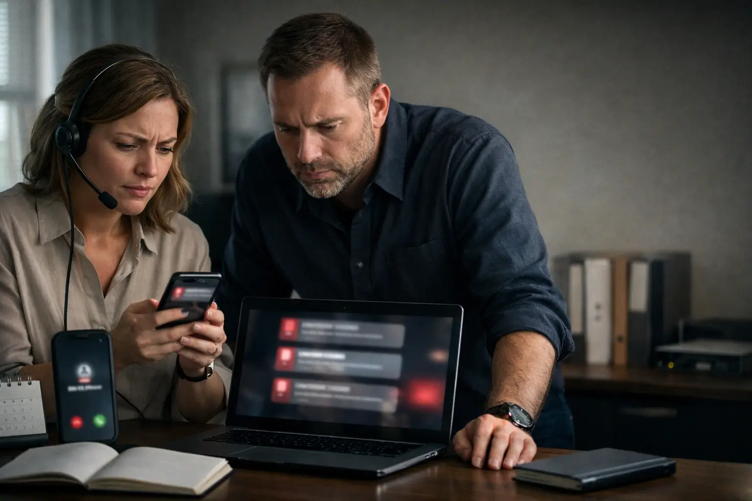 Staff looking at phone alerts as customers and partners are contacted