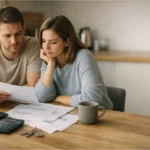 Couple comparing rent and buy costs at a kitchen table in the UK