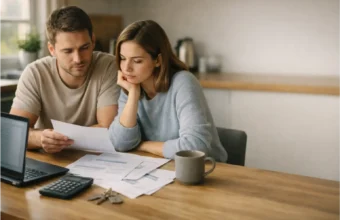 Couple comparing rent and buy costs at a kitchen table in the UK