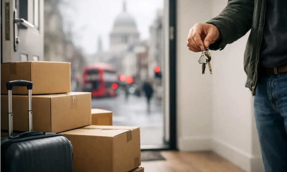 Renter holding keys with moving boxes outside a London flat