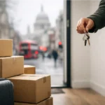 Renter holding keys with moving boxes outside a London flat