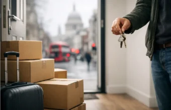 Renter holding keys with moving boxes outside a London flat