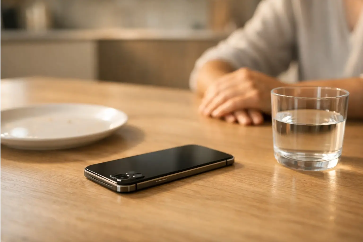 Phone face down on a table during a meal