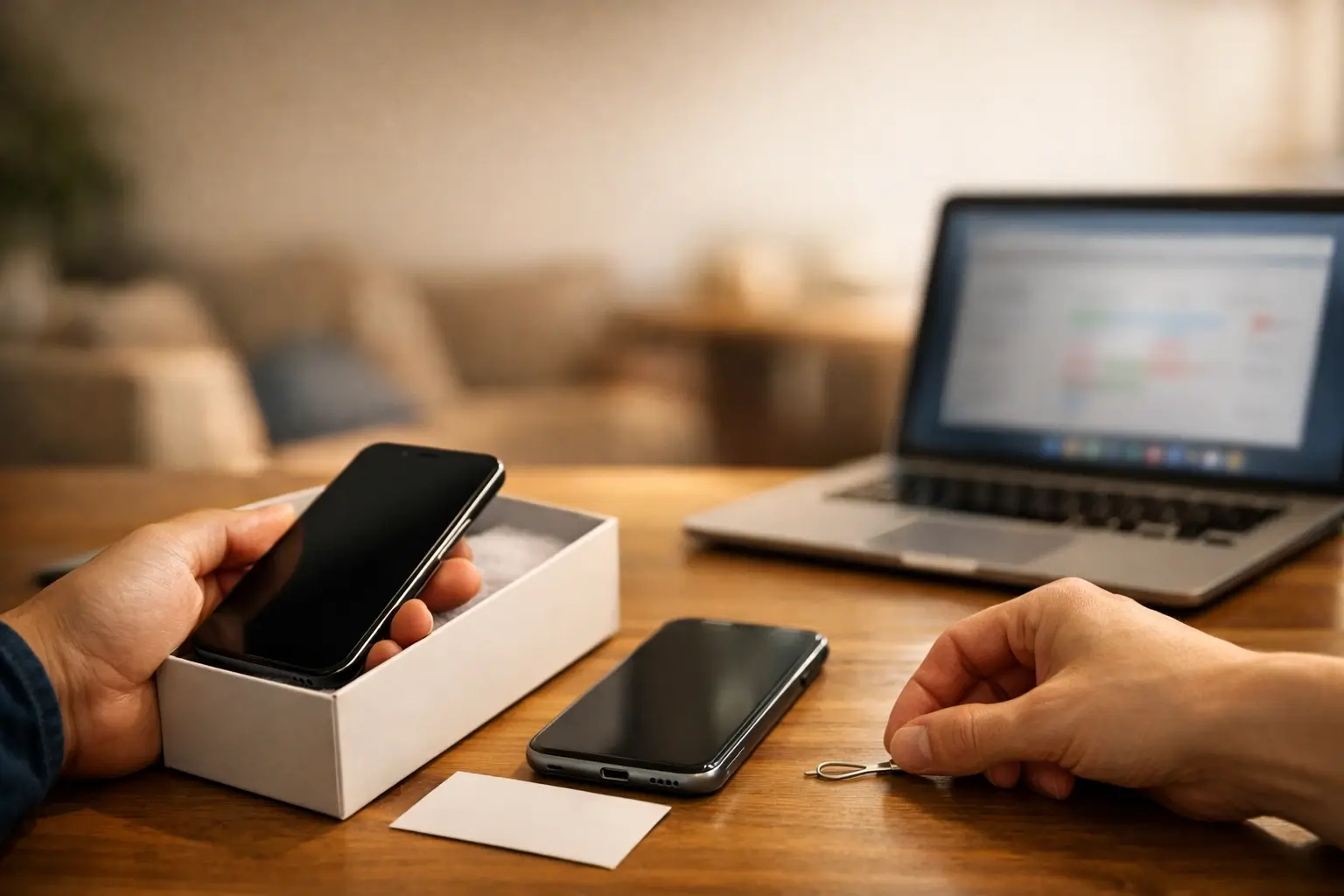 Person checking a refurbished phone and a SIM tool on a table