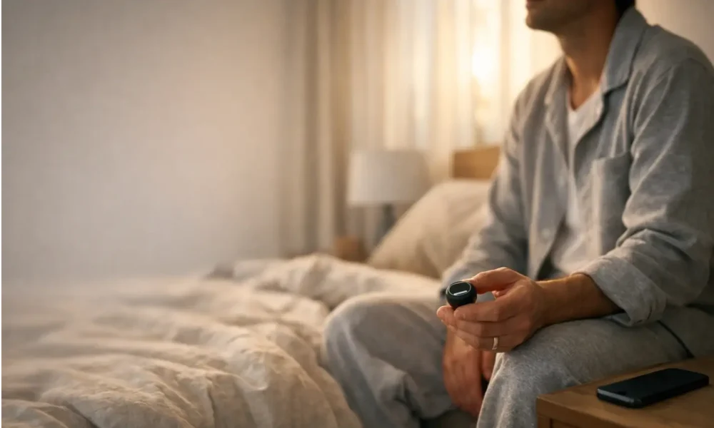 Person sitting on bed holding a smartwatch in a calm morning bedroom