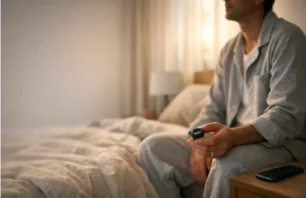 Person sitting on bed holding a smartwatch in a calm morning bedroom