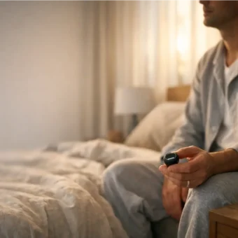Person sitting on bed holding a smartwatch in a calm morning bedroom