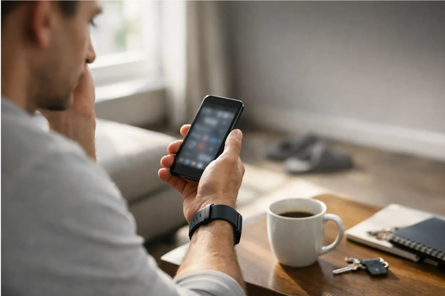 Person checking phone sleep data looking slightly worried in the morning