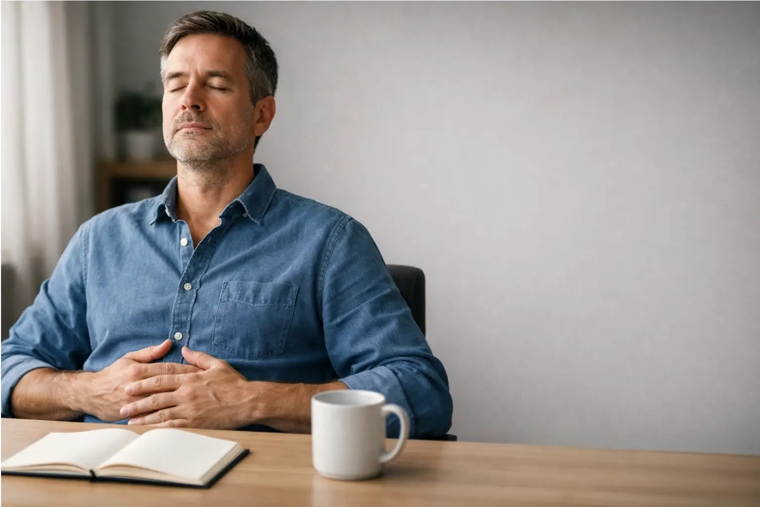 Person doing slow breathing at a desk during a short break
