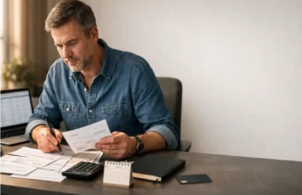 Small business owner checking a cash flow forecast at a desk