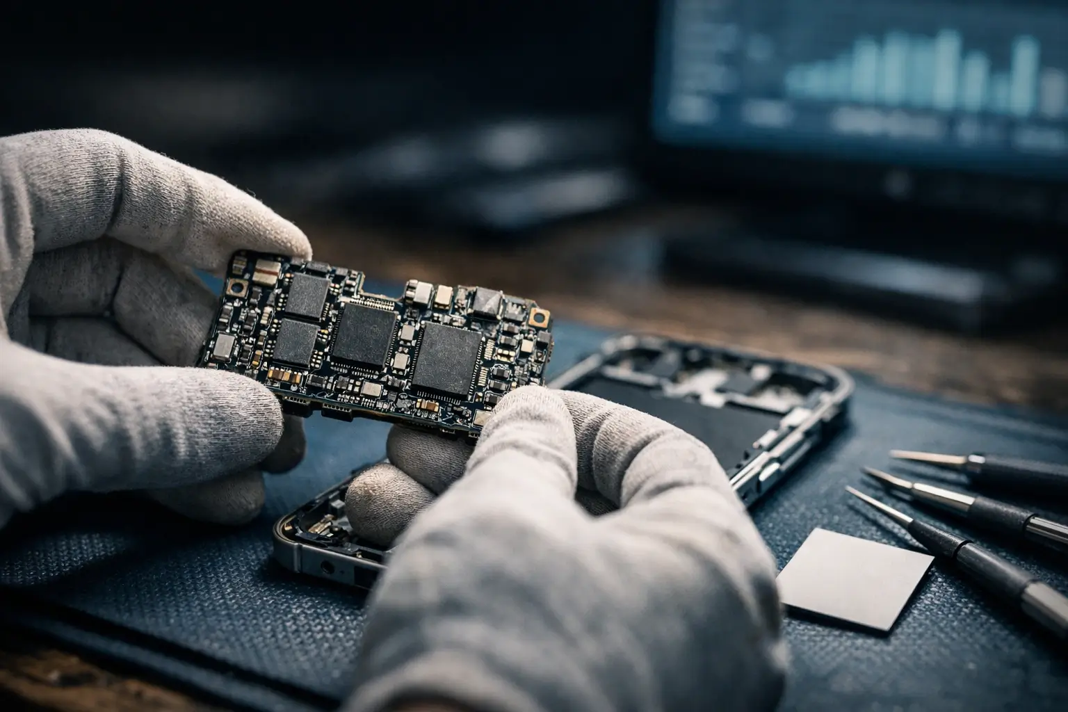 Close-up of a phone circuit board with memory chips