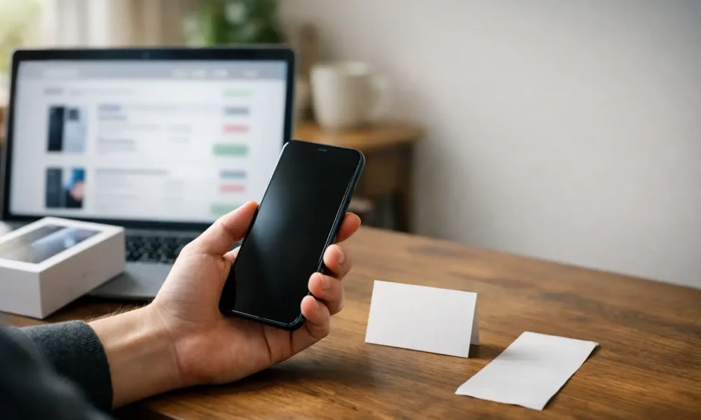 Person comparing a phone and laptop prices at a table