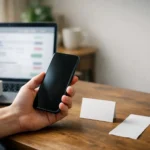 Person comparing a phone and laptop prices at a table