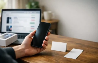 Person comparing a phone and laptop prices at a table