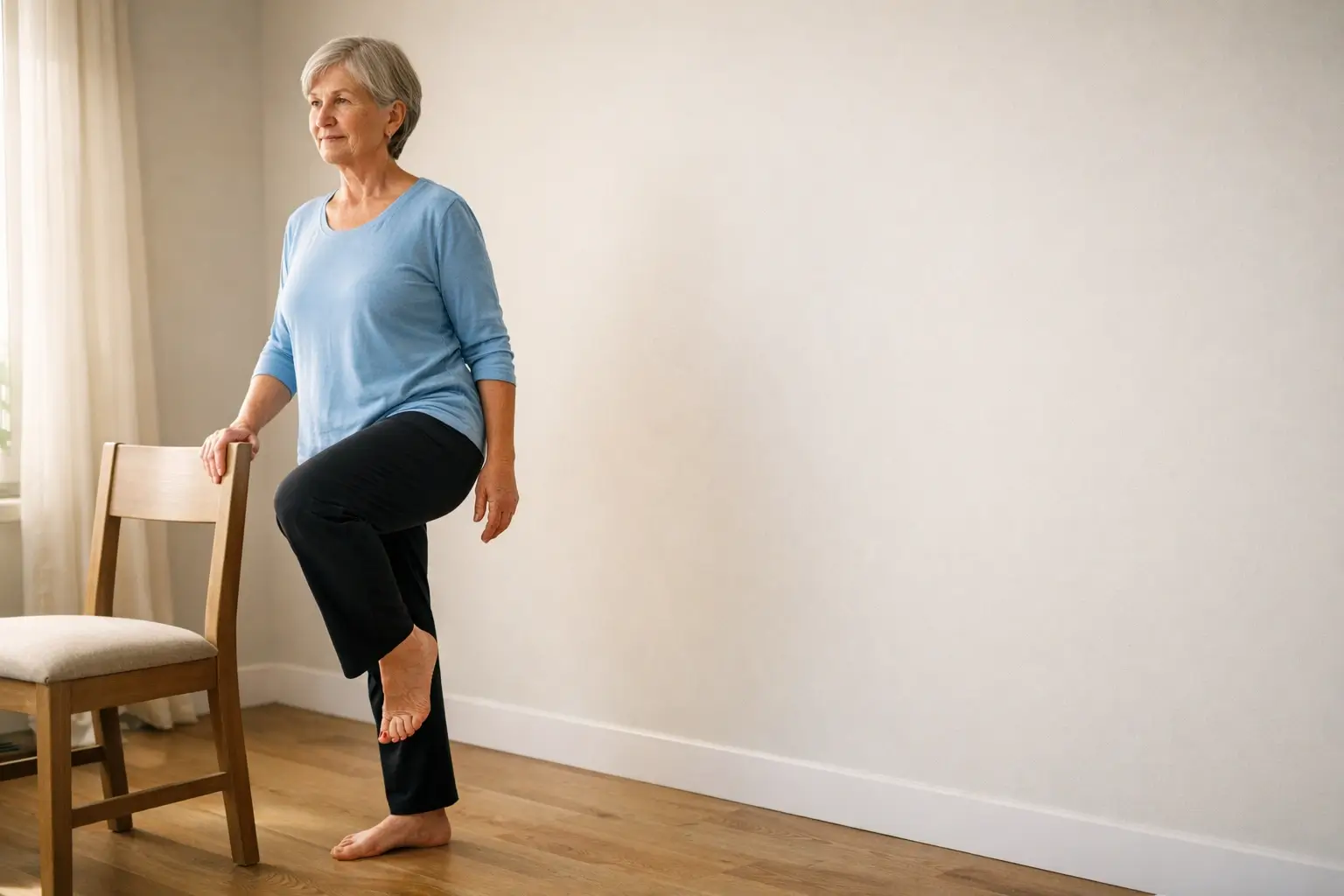 Older adult doing a safe balance exercise by a chair