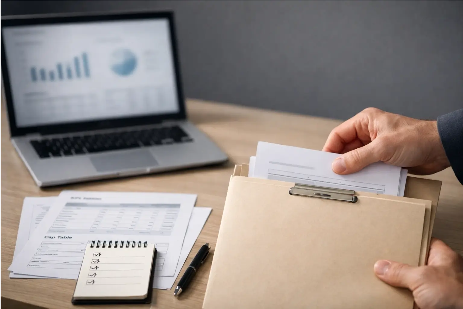 Startup data room documents and KPI sheets on a desk