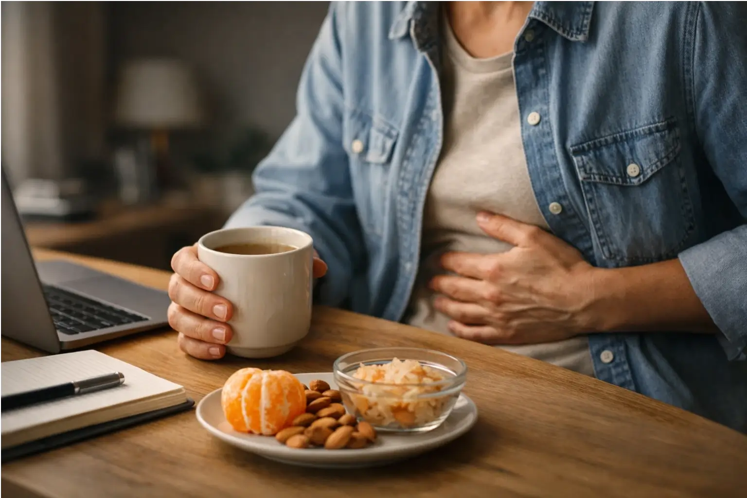 Person holding stomach during stress at a work desk