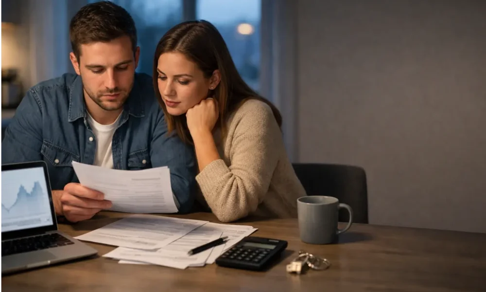 First-time buyers reviewing mortgage papers at home