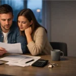 First-time buyers reviewing mortgage papers at home