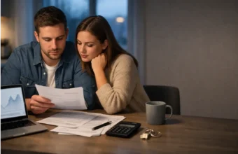 First-time buyers reviewing mortgage papers at home