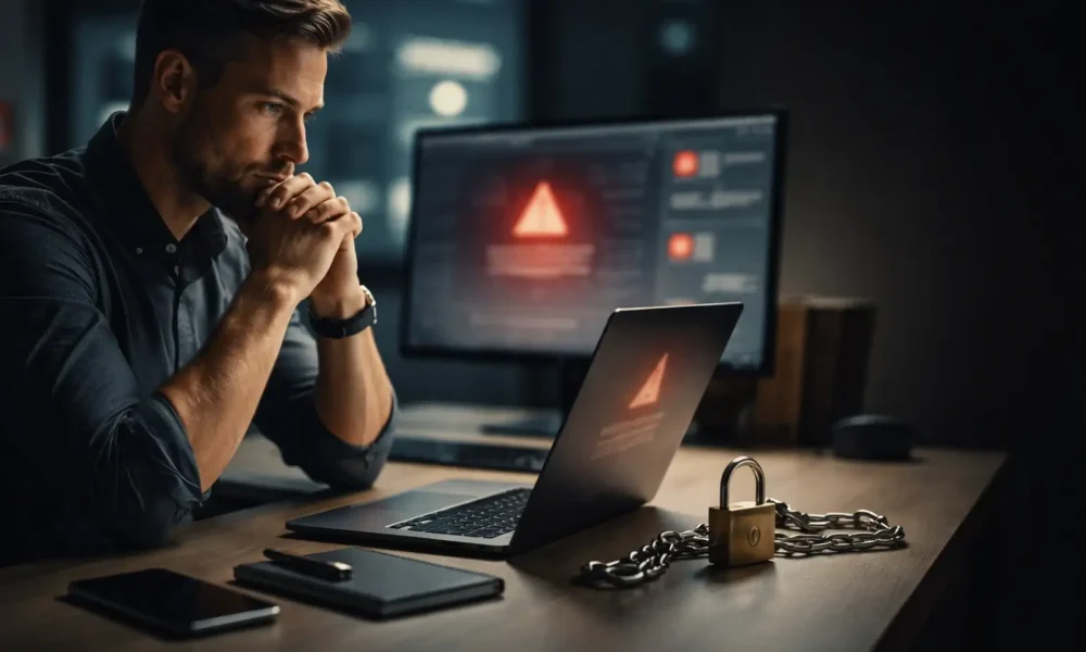 IT team watching a ransomware alert on a laptop in a modern office